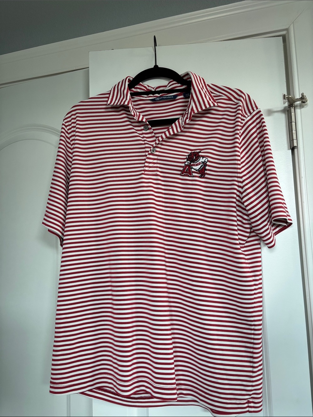 Men’s Arkansas Razorback Cutter & Buck Red and White Striped Polo